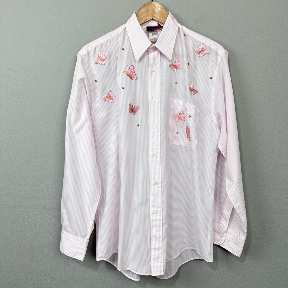 Vintage Butterfly Button Down Shirt Size S Studded Pink Striped Top